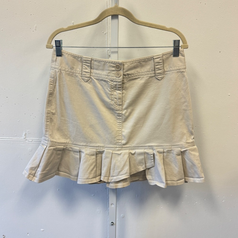 Y2K Ann Taylor LOFT Khaki Pleated Ruffle Hem Mini‎ Skirt Size 10 Beige Utility